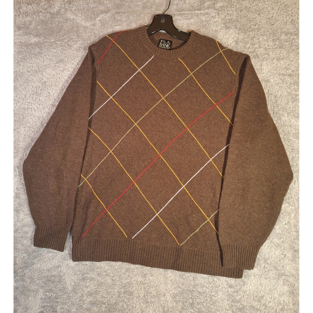 Jos A Bank Mens Argyle Sweater Size L Crew Neck Brown Lambswool Nylon Blend